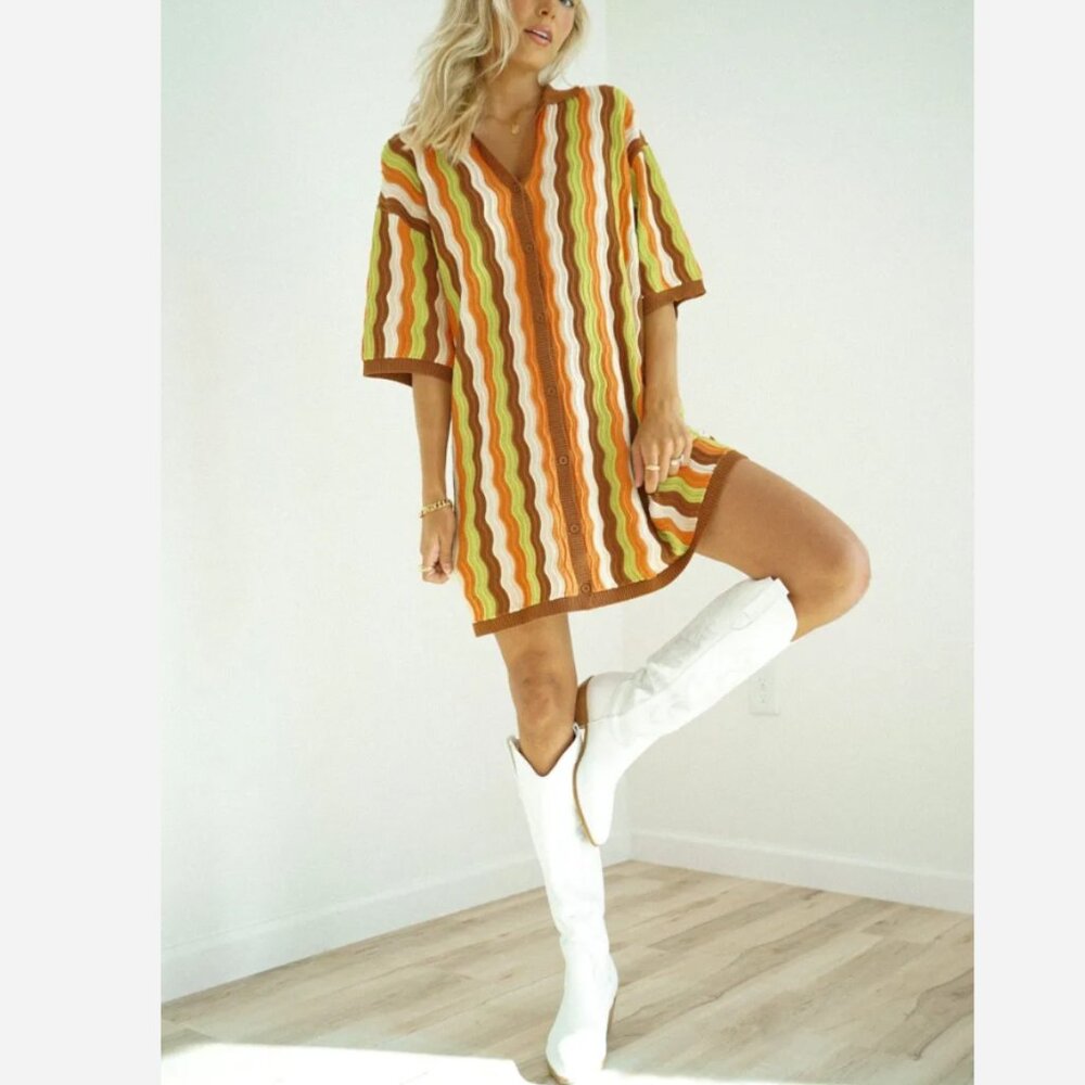 Retro Wave Stripe Mini Dress in Brown & Green